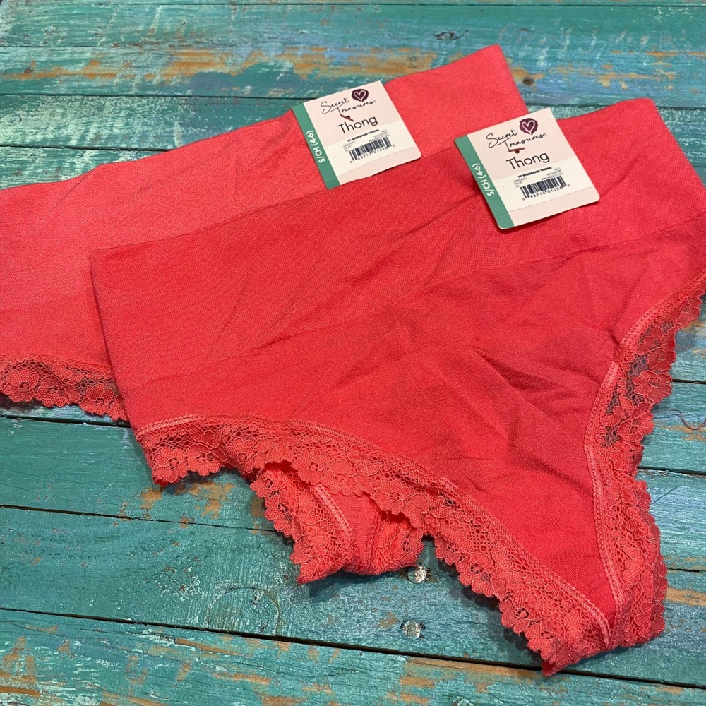 Secret Treasures Womens Coral Wideband Lace Thong Underwear 2 Pack Small 4-6